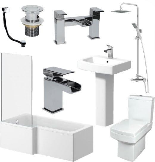 BAYSTONE Complete Bathroom Suite L Shape Left Hand 1600mm Bath Screen Toilet Basin Taps.