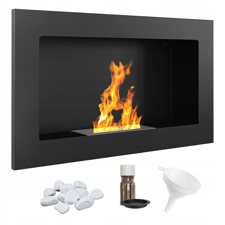 KRATKI Golf Indoor Bioethanol Fireplace Wall-Mounted Biocontainer 0.2 l TÜV Certified Black Powder Coated Steel 37 x 64 cm Plus Aromatherapy Set.