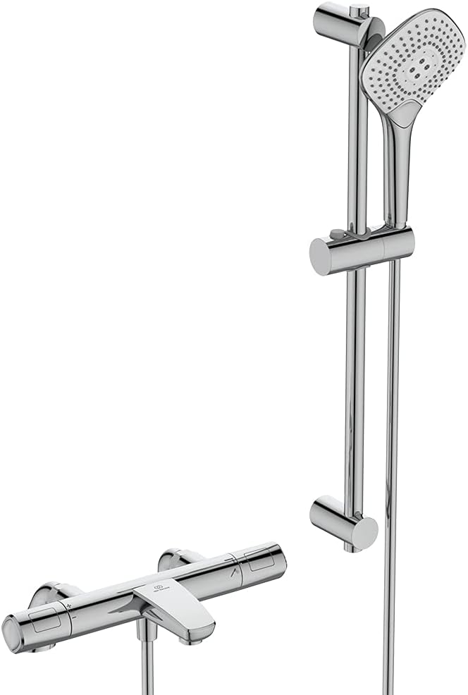 Ideal Standard T100 Exposed Thermostatic Rim Mounted Bath Shower Mixer with Idealrain Evo Jet 3 Function Diamond 125mm Handspray, 600mm Rail and 1.75m Idealflex Hose Chrome.