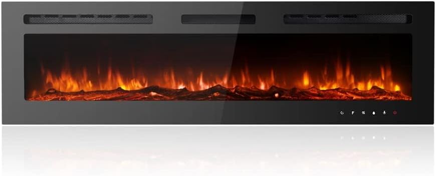 M.C.Haus Ultra-Thin Electric Fireplace Low Noise, 12 Variable & Breath Colors Flame, Recessed Wall Mounted Free Standing, Touch Screen & Remote Control, Crystal & Log Set(76cm/30inch).