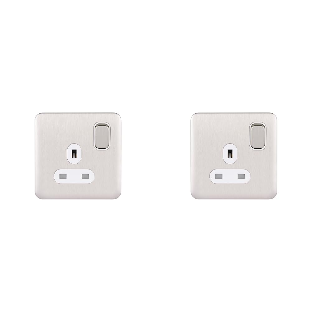 Schneider Electric Lisse Screwless Deco - Switched Double Power Socket, 13A, GGBL3020BSSS, Stainless Steel with Black Insert - Amazing Gadgets Outlet