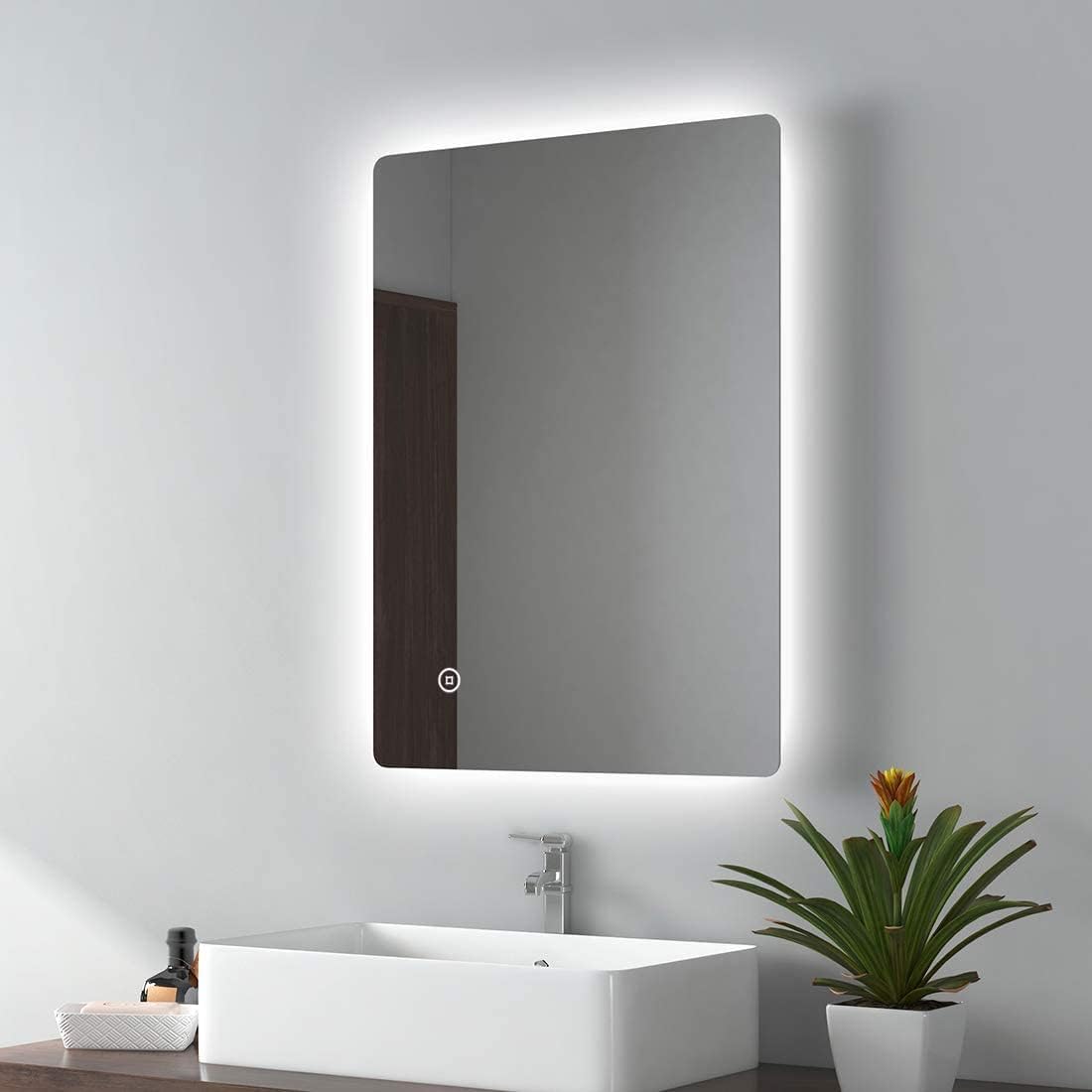 EMKE Backlit Illuminated Bathroom Mirror with Lights 800x600mm, Wall Mounted Multifunction LED Bathroom Vanity Mirror with LED Lights and Demister Pad.