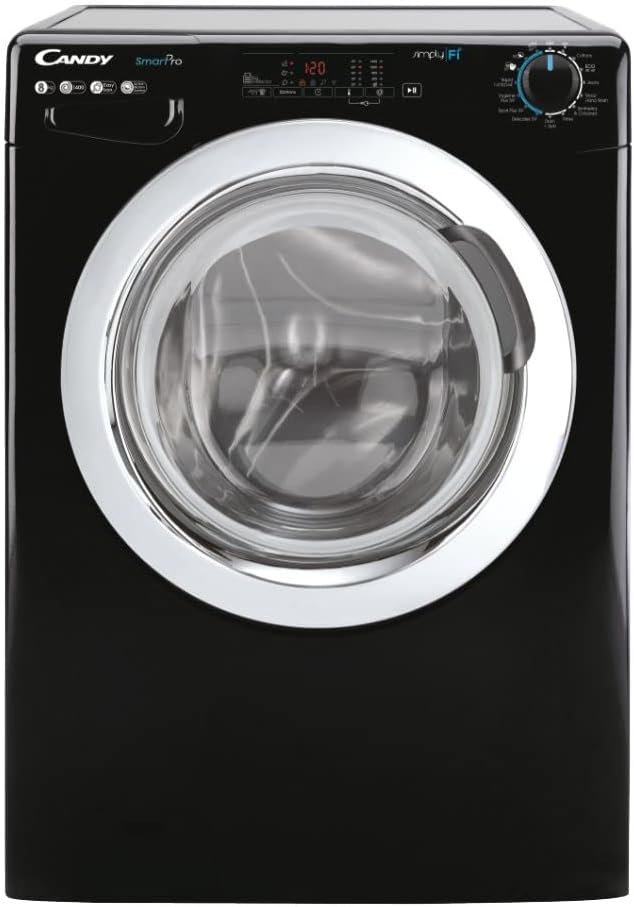 Candy Smart Pro CSO1483TWCBE Freestanding Washing Machine, WiFi Connected, 8 kg Load, 1400 rpm, Black with Chrome door.