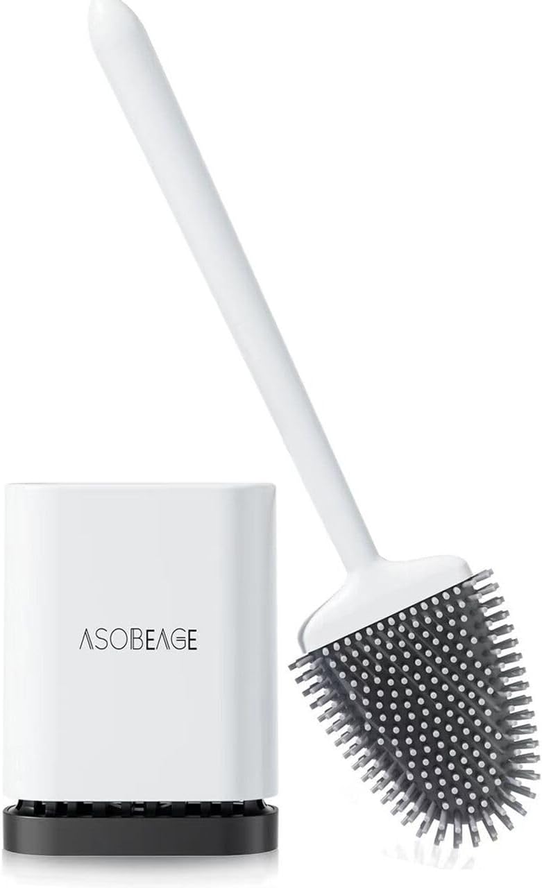 ASOBEAGE Toilet Brush, Deep Cleaner Silicone Toilet Brushes with Flexible Bristles, Toilet Brush with Quick Drying Holder Set for Bathroom（White）.