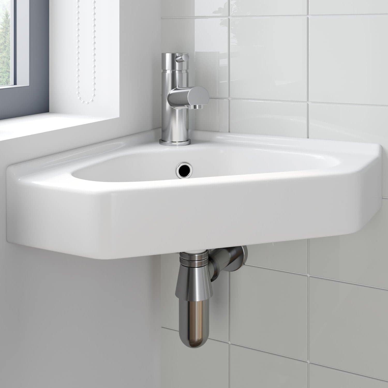 Ceramica® Wall Hung Corner Basin for Bathroom and Cloakroom Hand Wash Basins Sink One Tap Hole Modern White Gloss, 550 x 390mm.