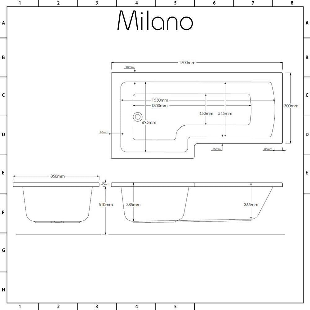 Milano Elswick - White 1700mm x 850mm Left Hand Square Shower Bath.