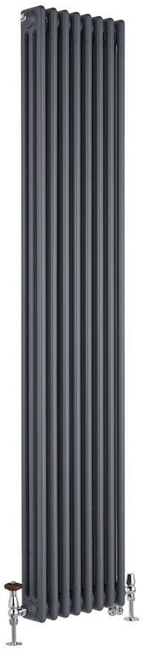 Milano Windsor - Traditional Cast Iron Style Anthracite Vertical Triple Column Dual Fuel Electric Radiator with Wi-Fi Thermostat and Brass Angled Thermostatic Valves - 1800mm x 380mm.