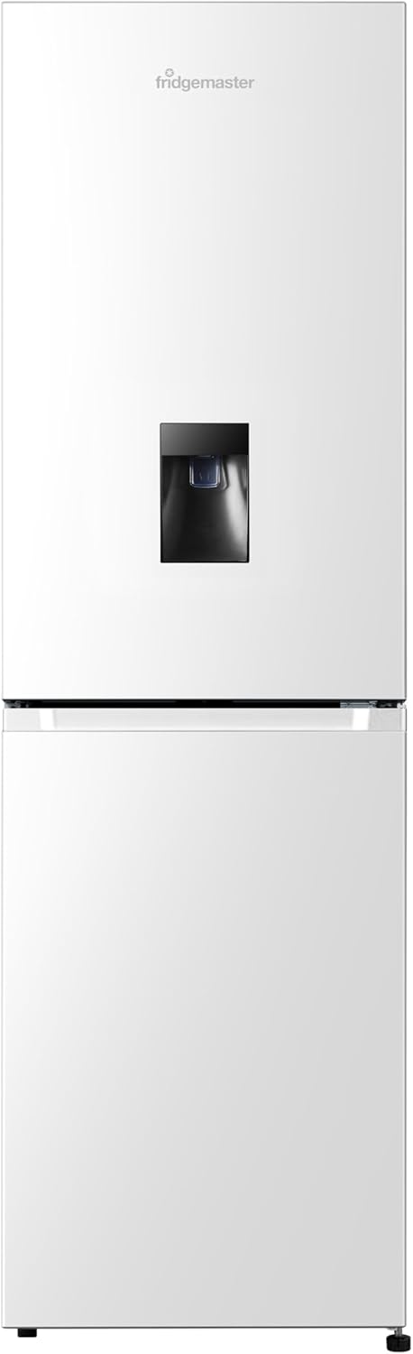 Fridgemaster MC55251DE 55cm Freestanding 256 litre 50/50 Fridge Freezer with Non-plumbed Water Dispenser - Frost Free - LED Lighting- 4 Star Freezer Rating -White - E Rated, H182.4 x W55 x D55.7 (cm).