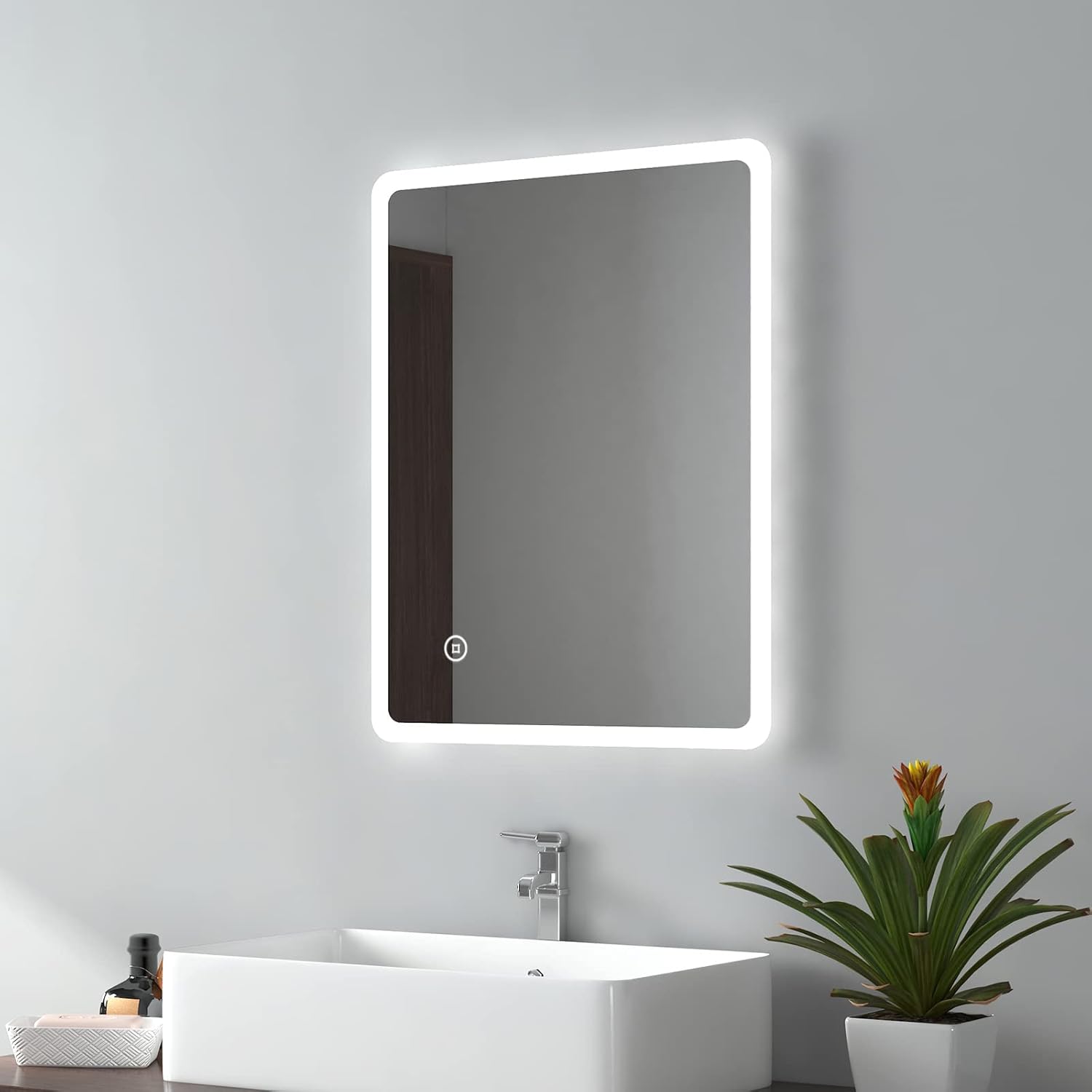 EMKE 450 X 600 mm Illuminated Backlit LED Bathroom Mirror, Wall Mounted Multifunction Bathroom Vanity Mirror with Lights and Demister Pad, Energy-Saving Illuminated Smart Mirror.