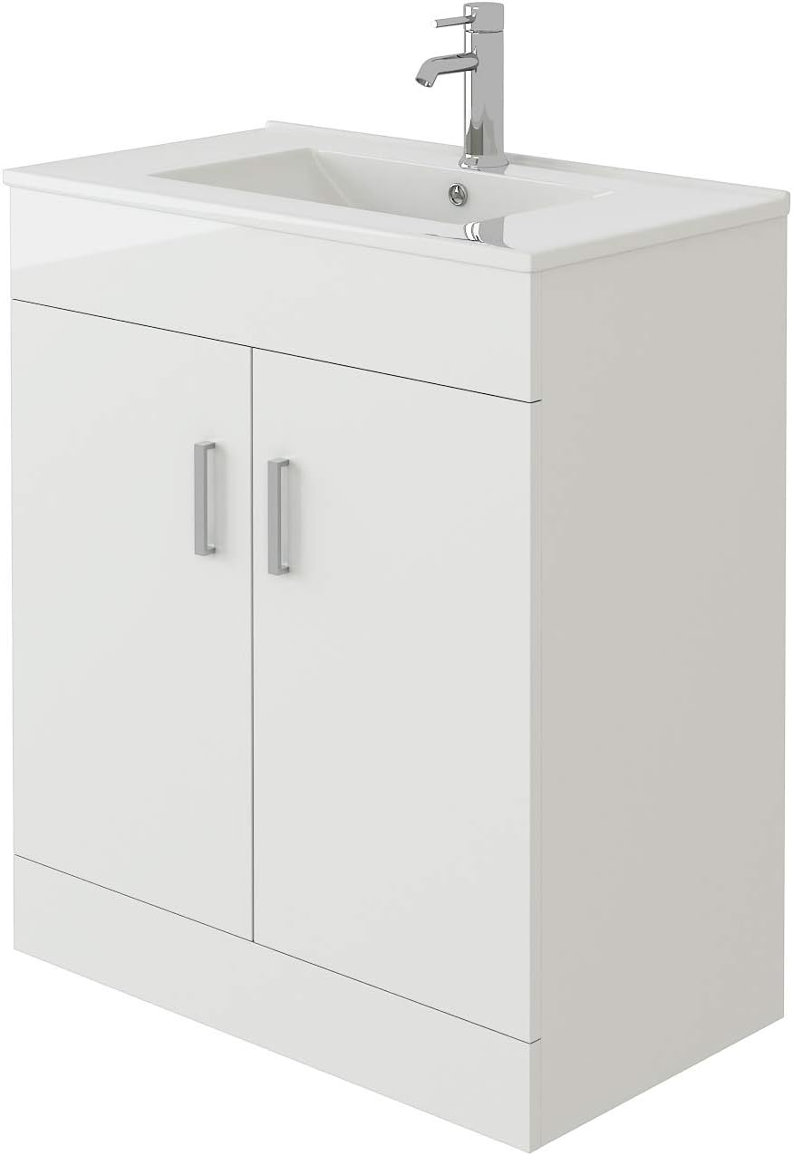 VeeBath Sphinx Free Standing Basin Vanity Cabinet Unit with 2 Swing Doors & Rectangular Sink-600mm, High Gloss White Flatpack - 600mm.