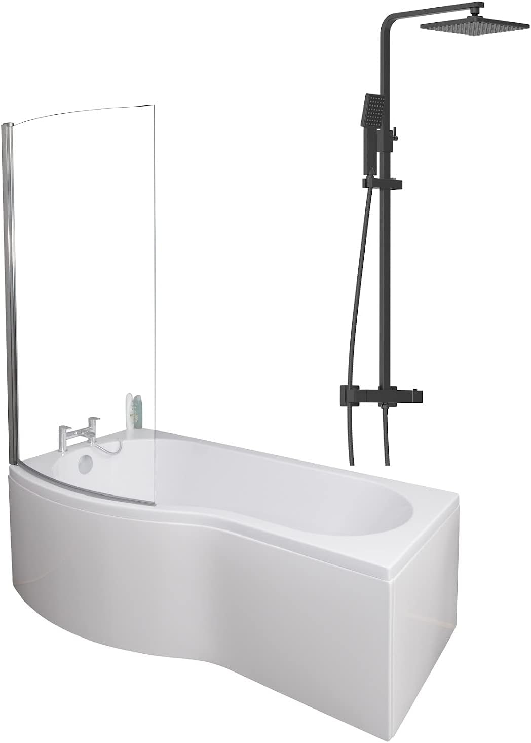 1700 x 900mm Left Hand P-Shaped Curved Shower Bath Bathroom Bathtub Glass Shower Screen Front Panel & Thermostatic Mixer Shower Set Handheld Black Square Rainfall Head.