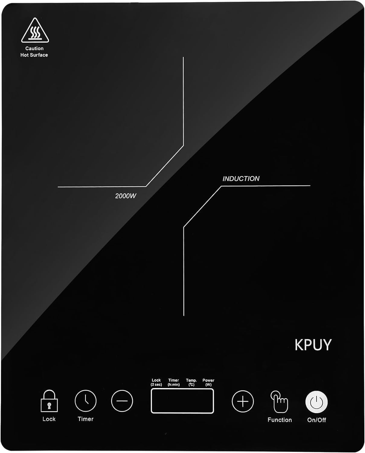 KPUY Induction hob 2000W, Induction Cooker with Portable Black Glass Plate, 19 Power Levels/21 Temperature Levels, Touch Sensor, 10 Hour Timer, Safety Lock