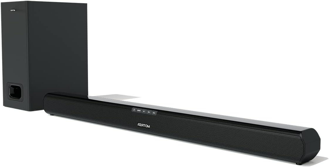 AZATOM Studio Premier 2.1 Soundbar and Subwoofer, 120W, 3D Surround Sound, Stream Wireless Bluetooth, Remote Control, Wall Mountable, HDMI ARC, Optical compatible (32inch).