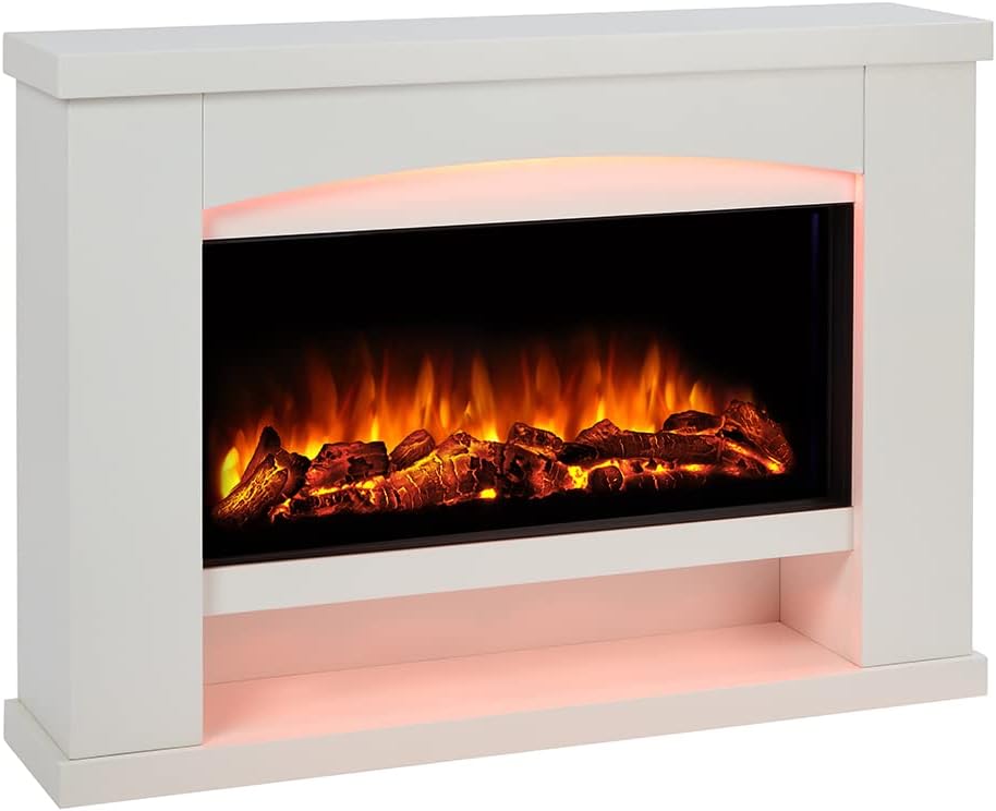 Endeavour Fires Duggleby Electric Fireplace Suite 48" and Realistic Flame Effect Fire with 7 day Programmable Remote Control In an Off White Surround and Hearth.