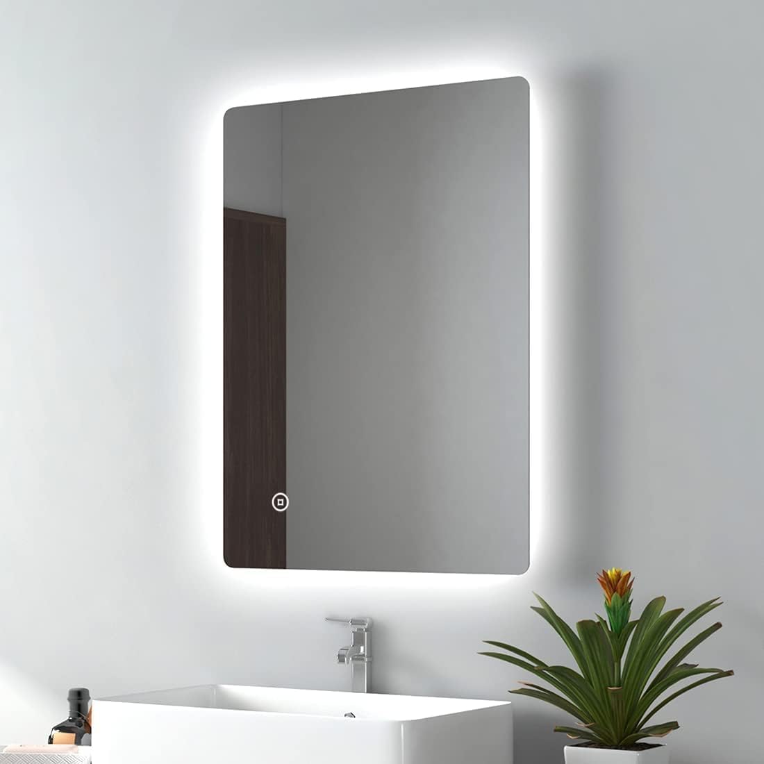 EMKE Backlit Illuminated Bathroom Mirror with Lights 800x600mm, Wall Mounted Multifunction LED Bathroom Vanity Mirror with LED Lights and Demister Pad.