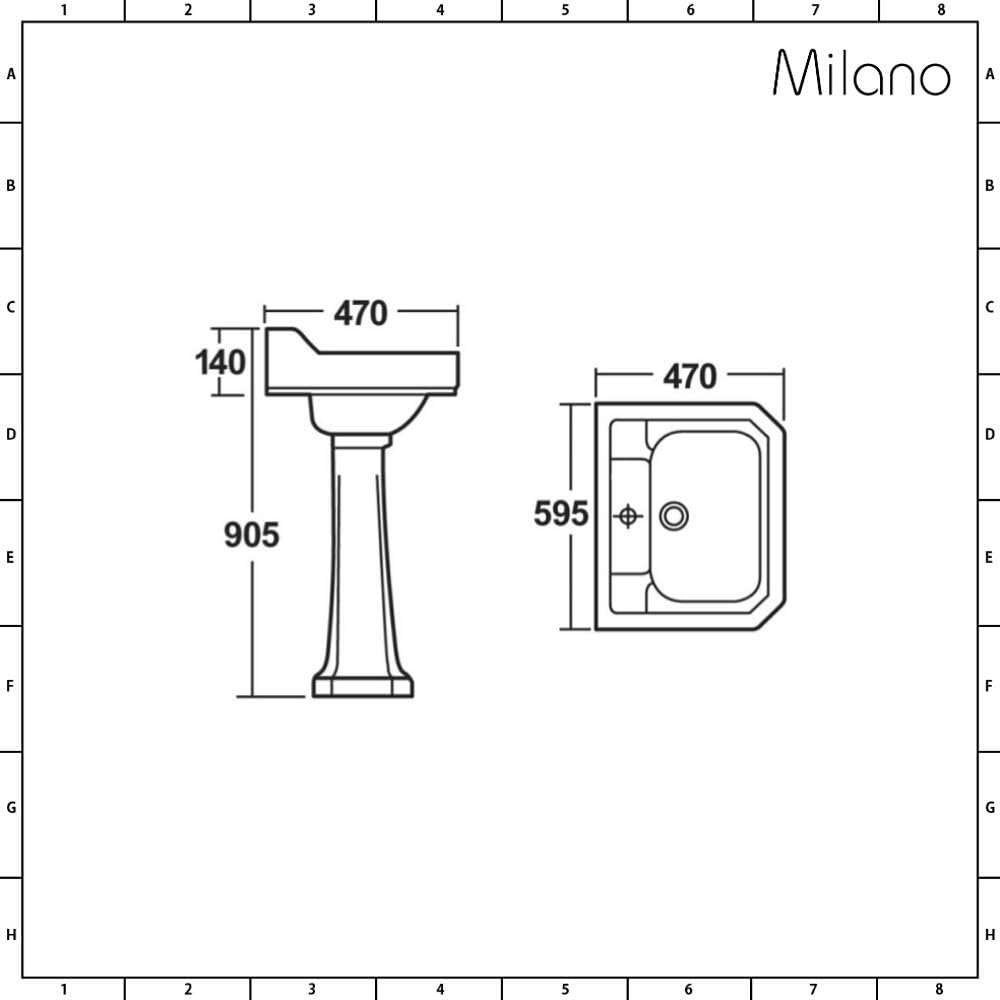 Milano Richmond - Traditional 595mm x 470mm White Ceramic Rectangular Full Pedestal Bathroom Basin Sink - 2 Tap Hole.