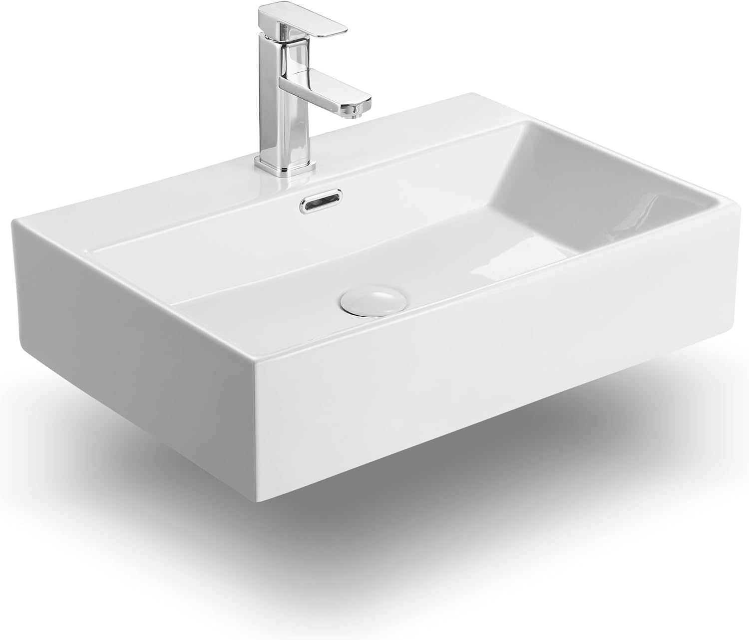 Washbasin Bath Countertop Wash Basin, White Ceramic Bathroom Vessel Sink, Wash Basin Sink Rectangular, with Overflow Pop Up Drain, 600mm Countertop Wall Mounted, Cloakroom Sink.