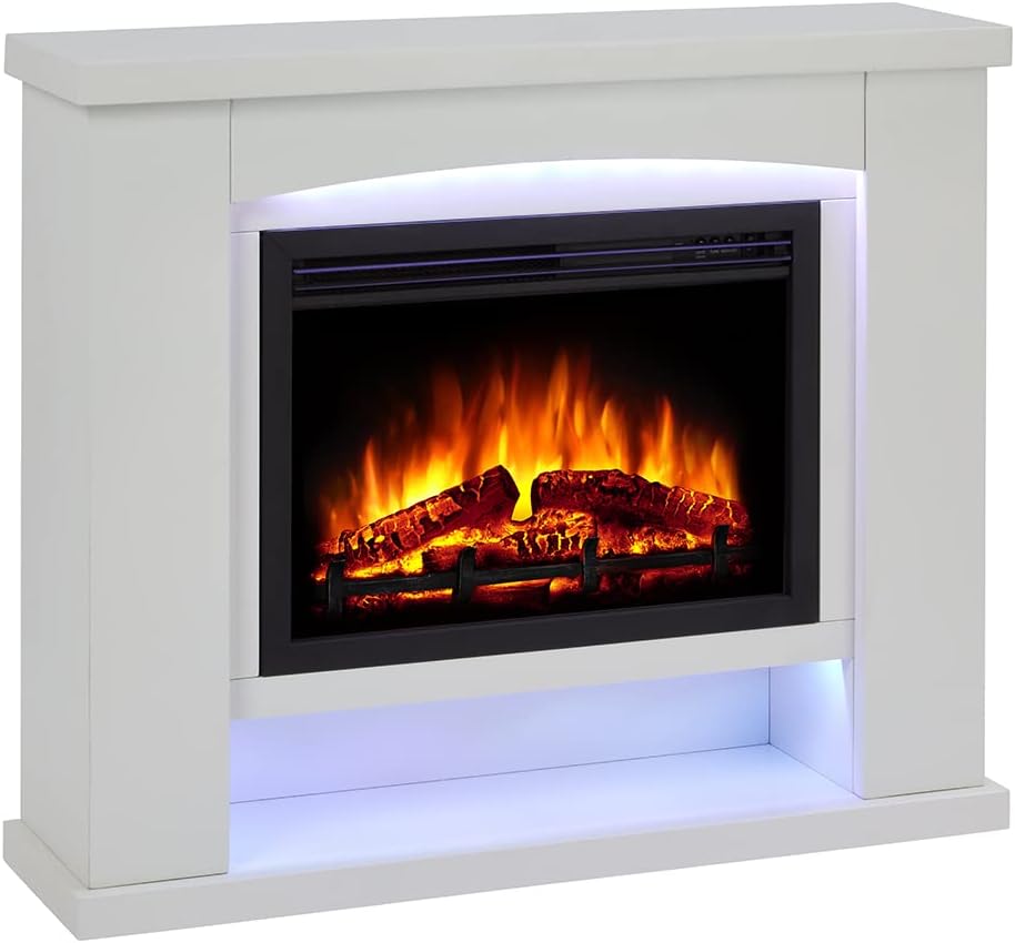 Endeavour Fires Ebberston Electric Fireplace Suite 39" and Realistic Flame Effect Fire with 7day Programmable Remote Control In an Off White Fireplace Surround with Plinth.