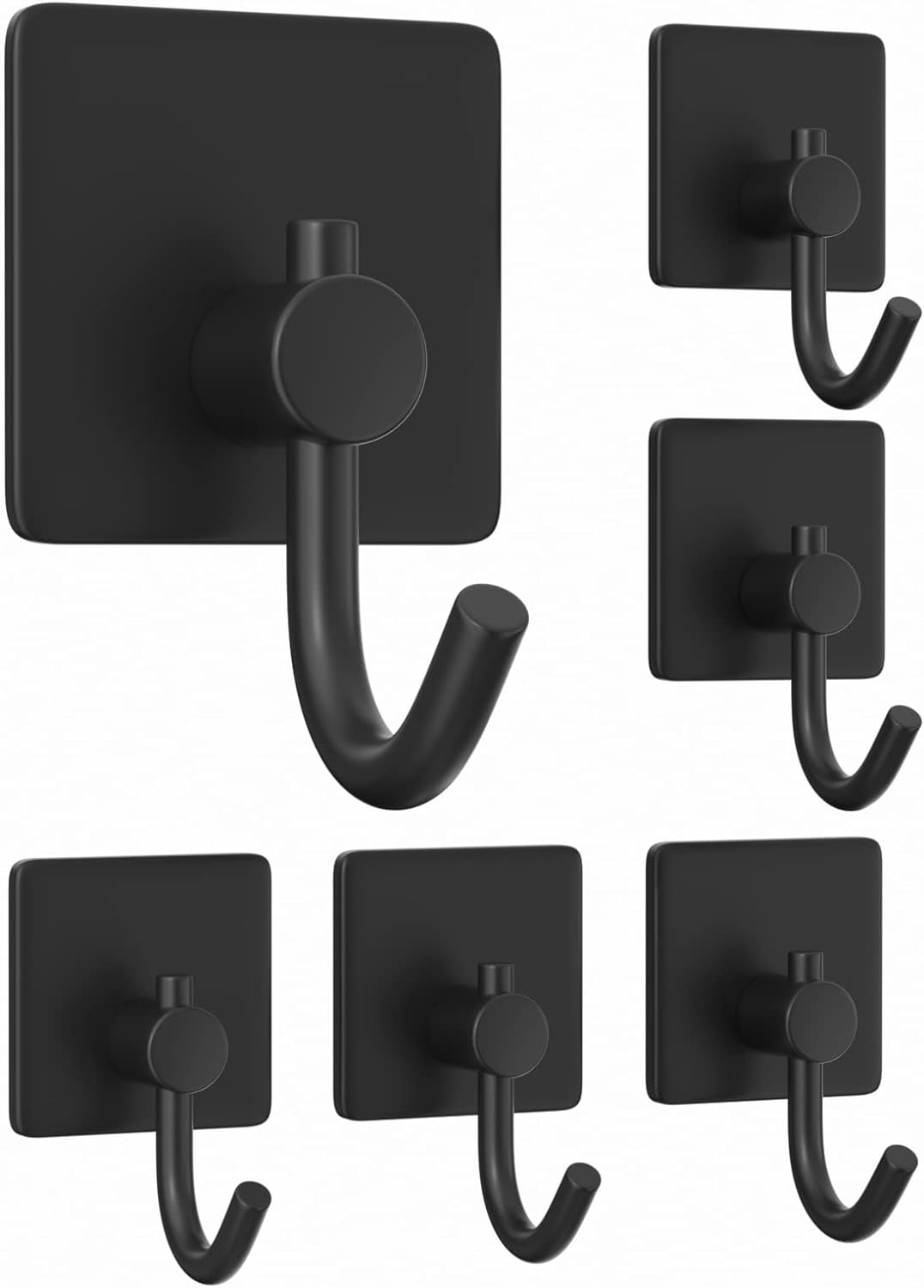 Self Adhesive Hooks for Hanging - Heavy Duty Stick On Wall and Door Hooks,Bathroom Tower Hooks and Kitchen Hallway Sticky Black Hooks,Coat Hooks Robe Hook Wall Mounted, Rustproof, 6 Pack.