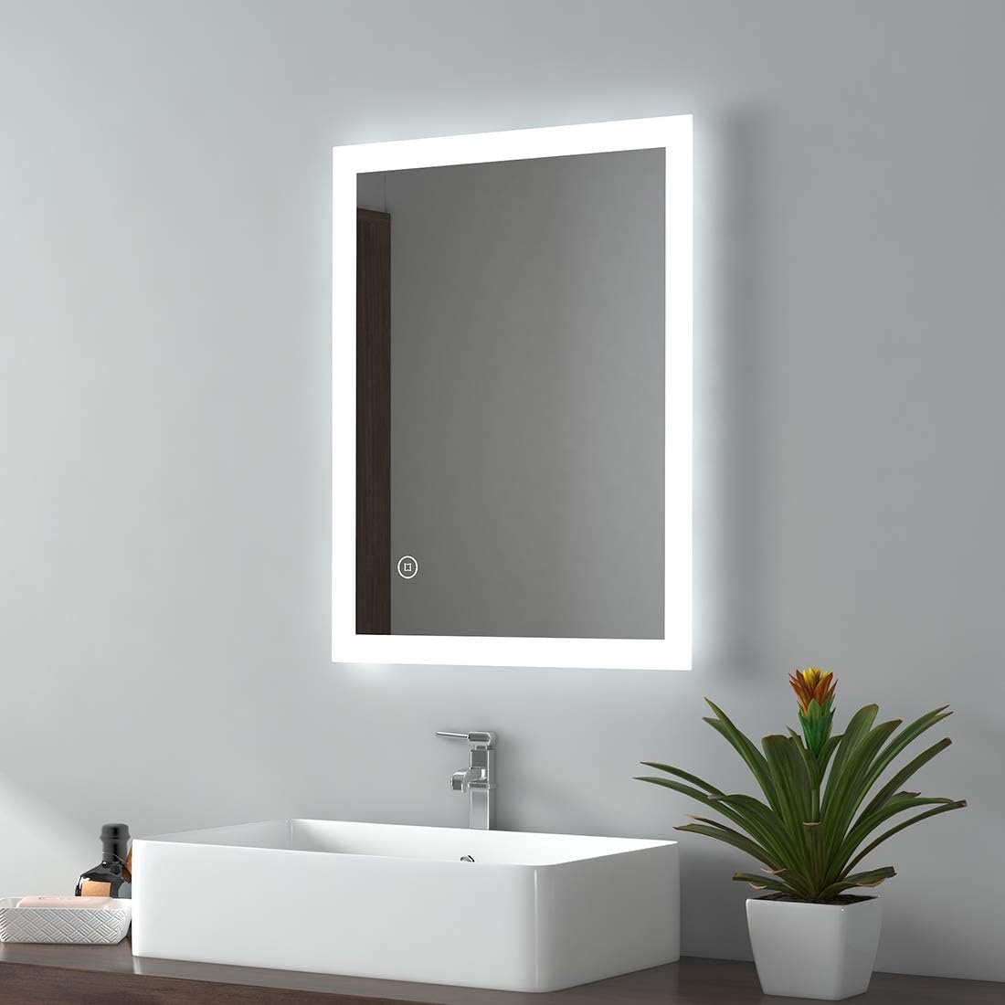 EMKE 450 X 600 mm Illuminated Backlit LED Bathroom Mirror, Wall Mounted Multifunction Bathroom Vanity Mirror with Lights and Demister Pad, Energy-Saving Illuminated Smart Mirror.