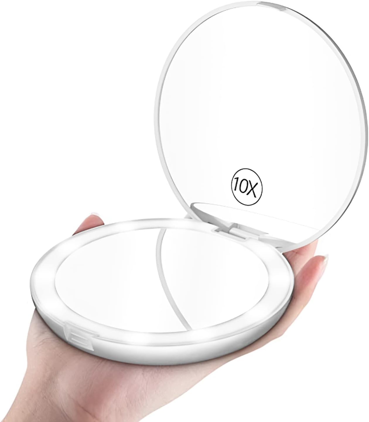 TourKing LED Travel Makeup Mirror, 3.5 inch Lighted Compact Mirror, 1X /10X Magnifying Handheld Illuminated Portable Mirror Double Sided with 10 LEDs Lights (White).