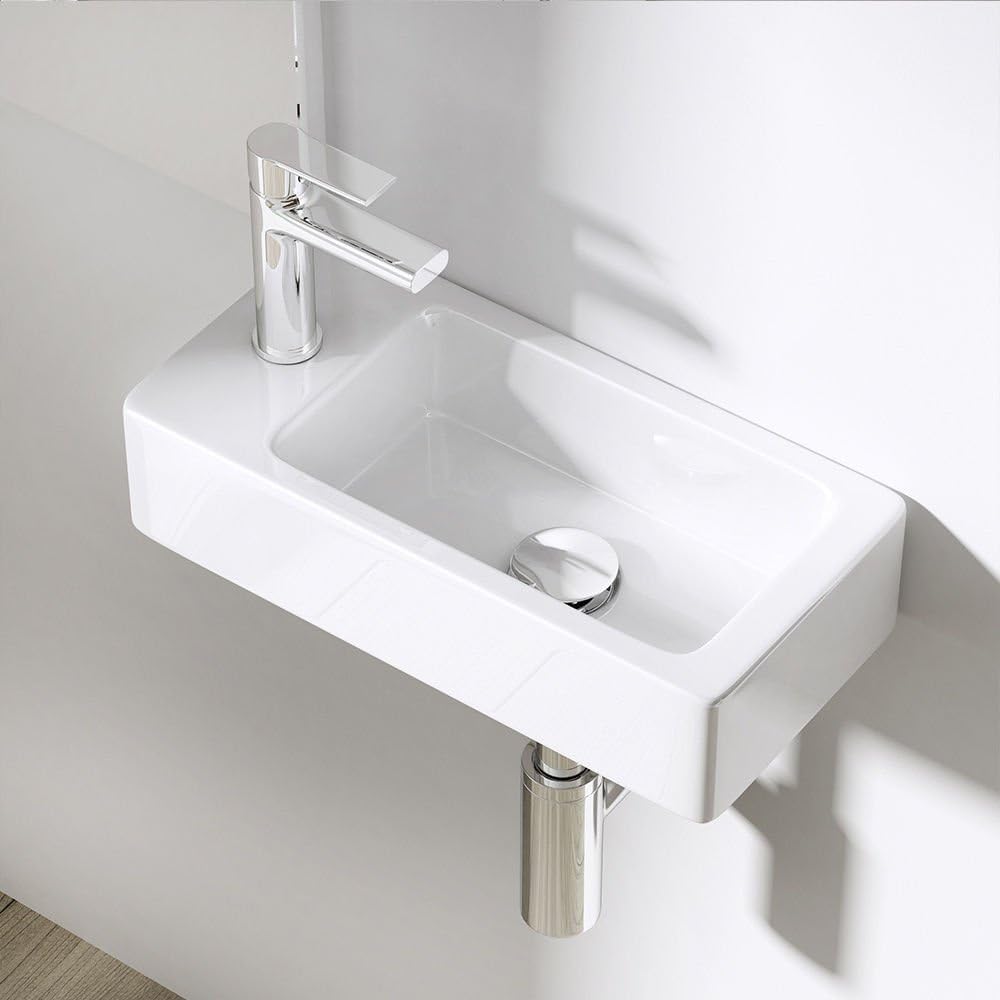 Durovin Bathrooms Small Cloakroom Basin - Wall Mounted Basin - Rectangular Countertop Basin - One Left Hand Tap Hole- 370 x 180 x 90mm (WxDxH).