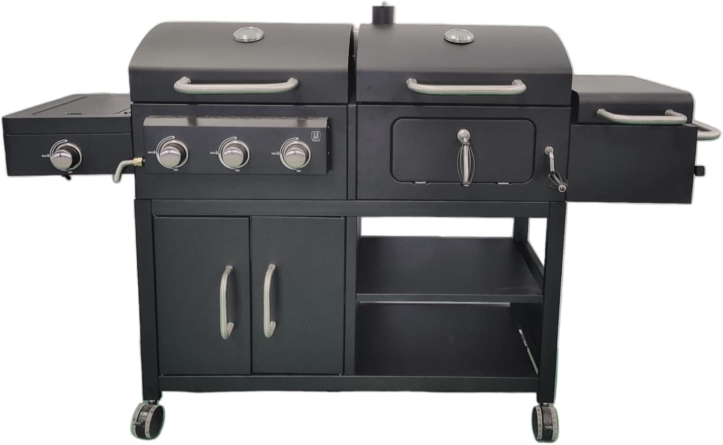 Campfire Dual Fuel 3+1 Burner Gas & Charcoal BBQ Grill with Smoker and Side Burner Shelves Storage Wheels.