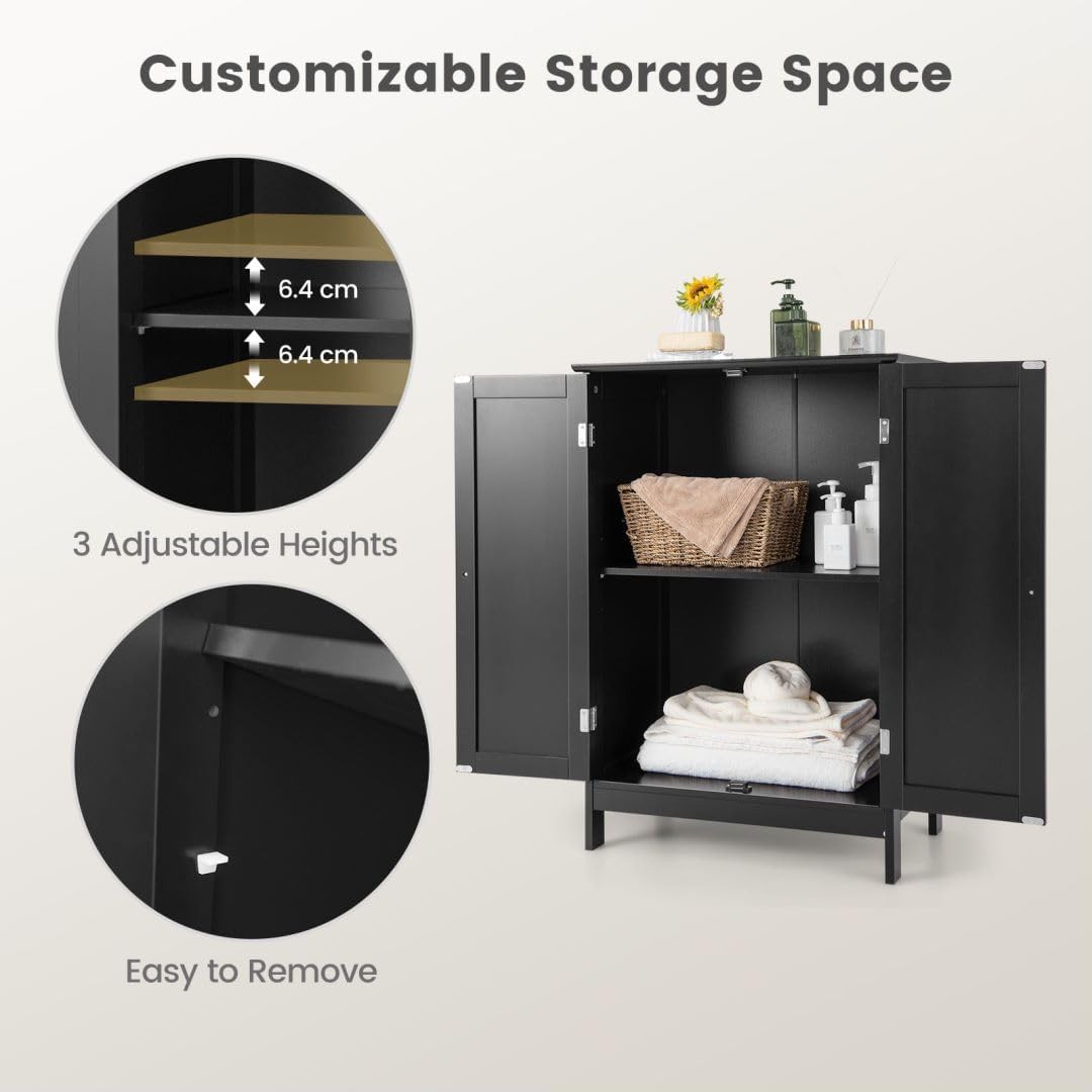 Multigot Bathroom Floor Cabinet, Wooden Freestanding Cupboard with 3-Position Adjustable Shelf and Double Door, Slim Storage Organizer Unit for Bathroom Living Room Hallway (60 x 35 x 87cm, Black).