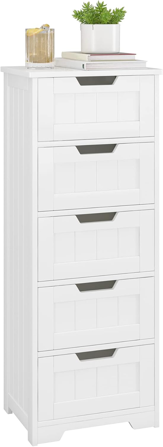 FOREHILL Bathroom Storage Unit Bathroom Cabinet with 5 Drawers Freestanding Storage Cupboard White Wooden 40x30x102cm.