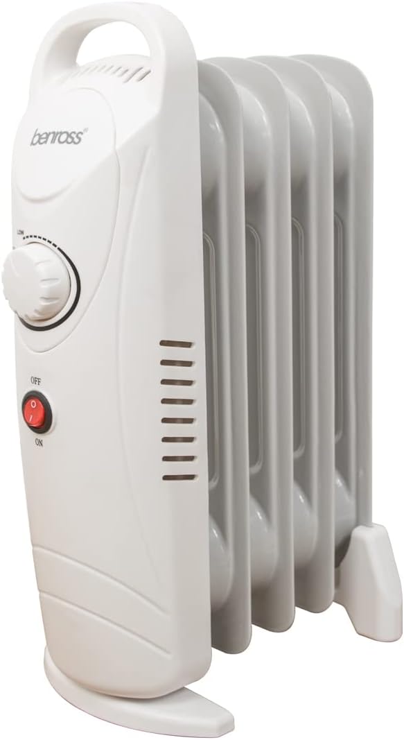 Benross 41640 Portable 5 Fin Mini Oil Filled Radiator/Low Energy Plug in Heater/Adjustable Thermostat/Automatic Overheat Protection/Cool Touch Carry Handle / 500W / White.