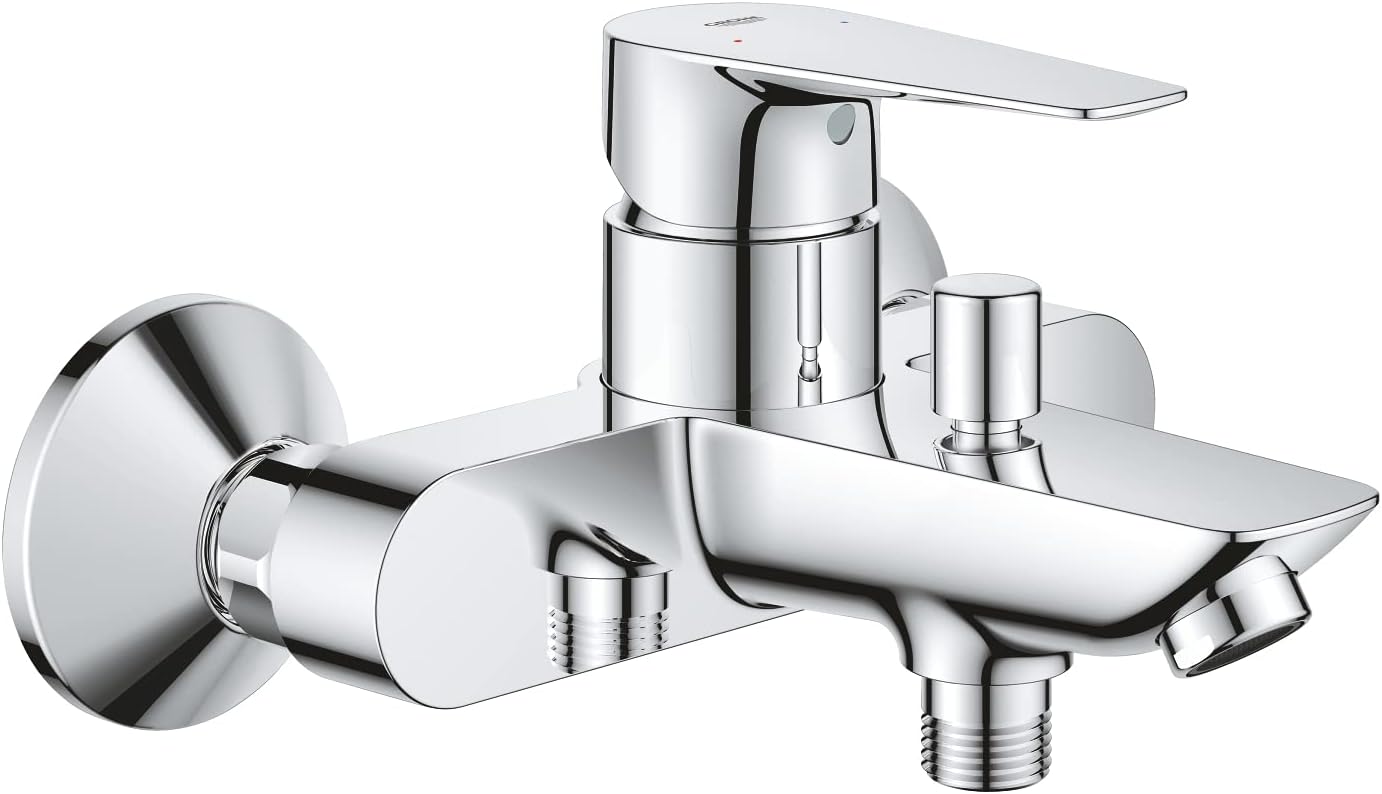 GROHE Start Edge - Wall Mounted Exposed Bath Mixer Tap (Metal Lever, 35 mm Ceramic Cartridge, Water Saving Adjustable Flow Rate Limiter, Eco-Override-Stop, Scalding Protection), Chrome, 24198001.