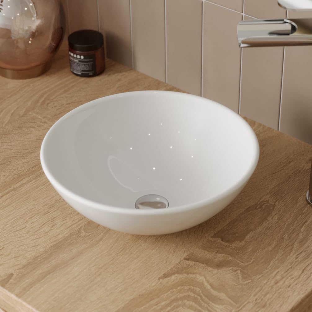 Affine Modern Round Countertop Basin Sink Ceramic Vessel Bowl Hand Washing Washbasin Bathroom Cloakroom Ensuite Gloss White 280 x 280 x 100mm.