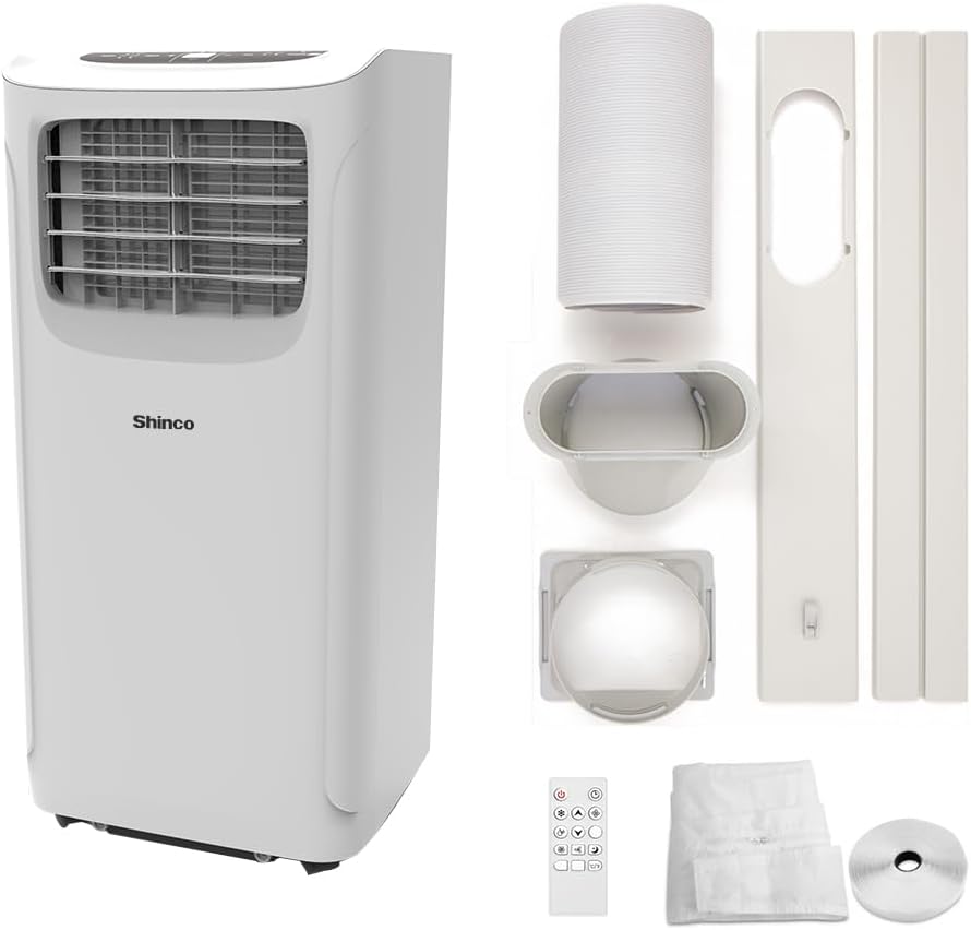 Shinco 9000BTU 4-in-1 Portable Air Conditioner, Cooling,Dehumidifier,Fan with 2 Speeds,Sleep mode,Digital Display&Remote Control,and 24 Hour Timer for Rooms Up to 237ft.