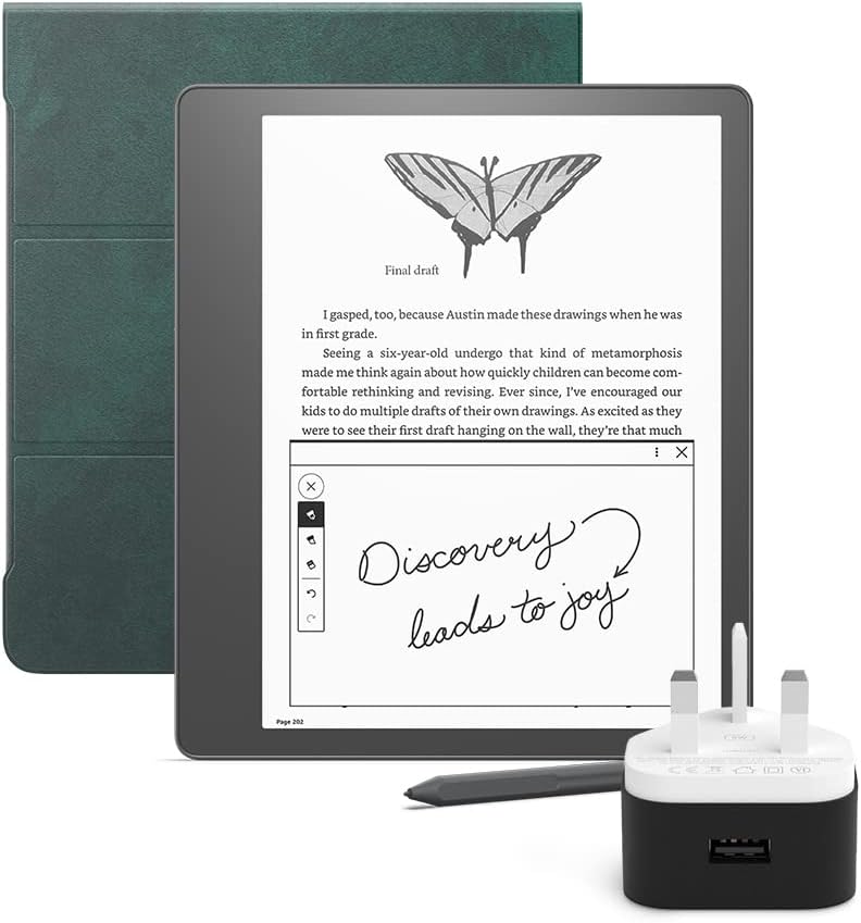 Kindle Scribe (2022 release) Essentials Bundle including Kindle - 64GB, Premium Pen, Black, Amazon Premium Leather Folio Cover with Magnetic Attach and Power Adapter.