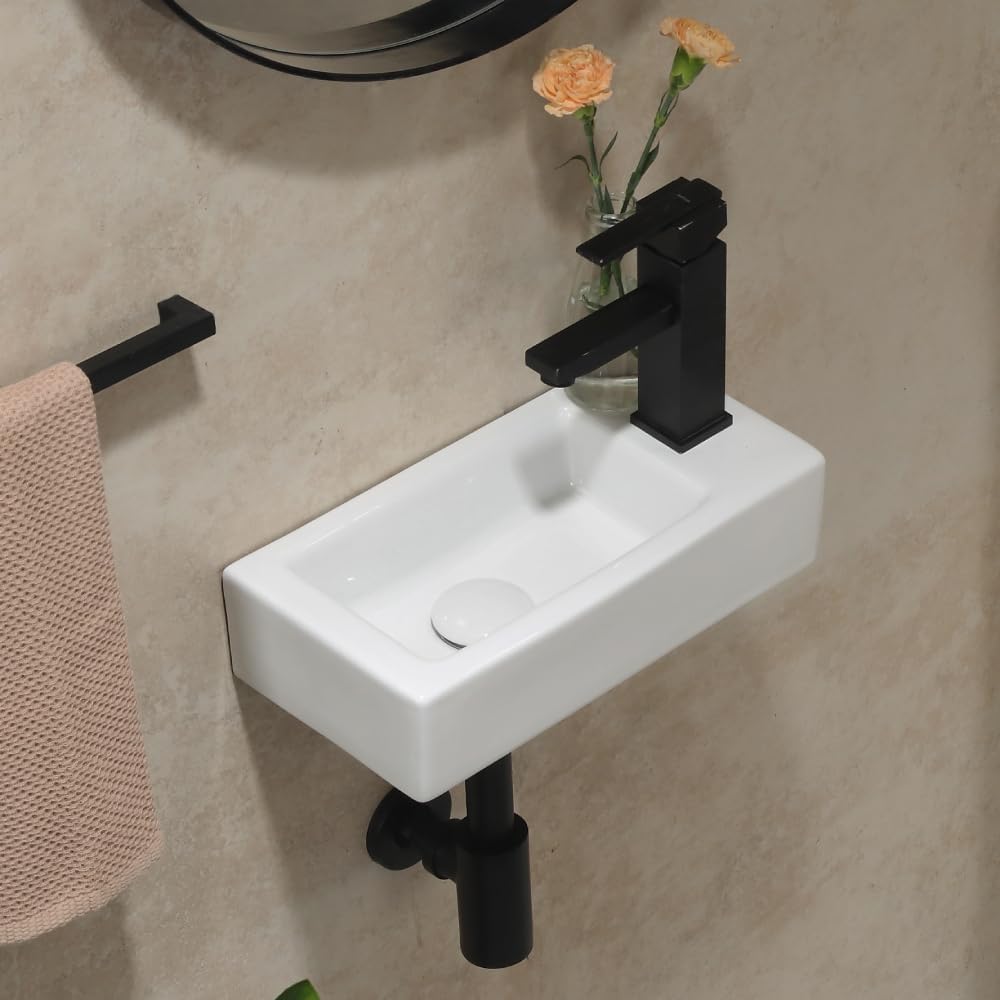 Wall-Mounted Small Vessel Sink - Vanity Sink White Ceramic Porcelain 14.6" x 7.3" x 3.55" - Bathroom Sink Rectangle with Single Faucet Hole Right Hand - Cloakroom Mini Art Basin.