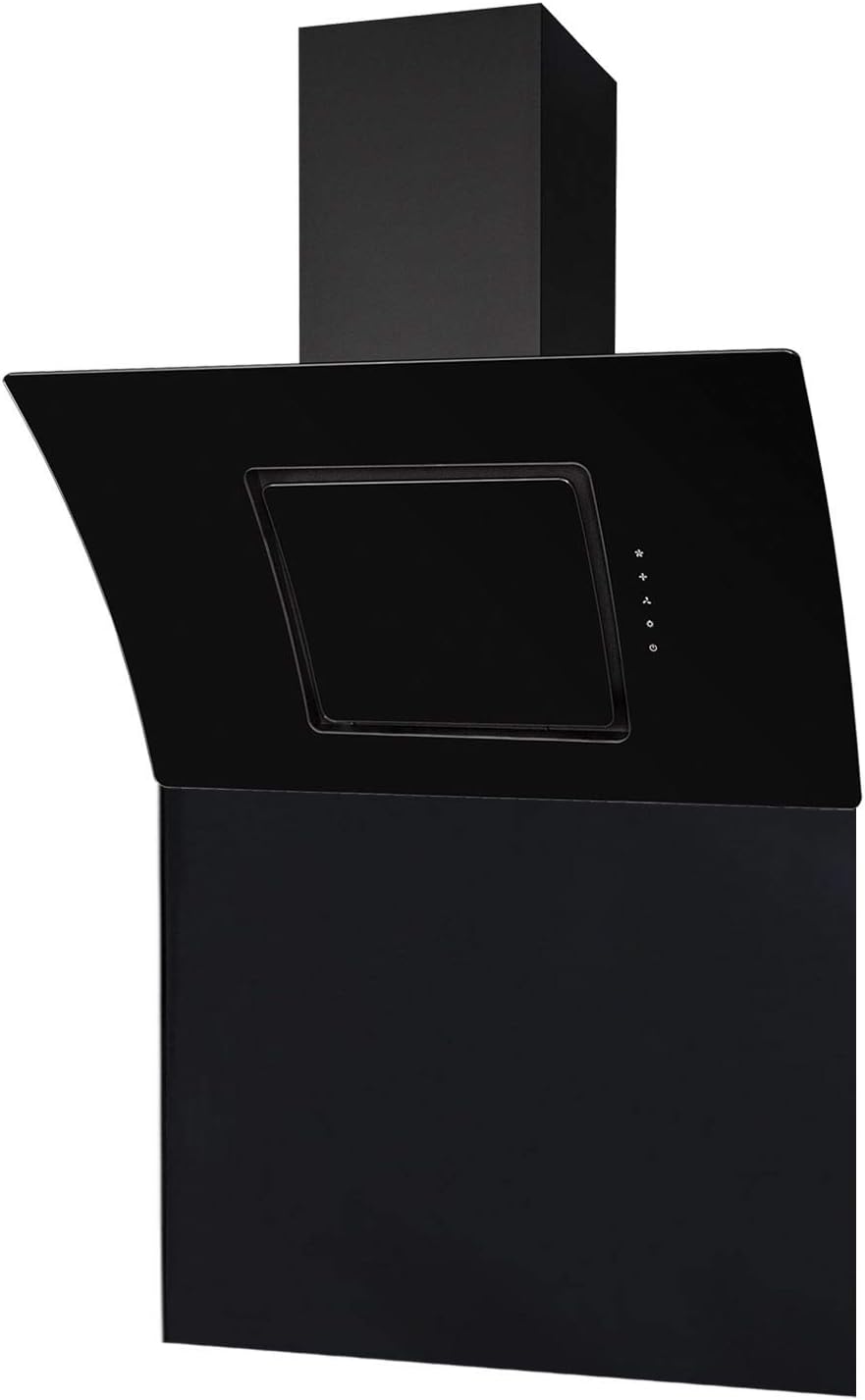 SIA 90cm Black Touch Control Curved Angled Cooker Hood Fan And Glass Splashback.