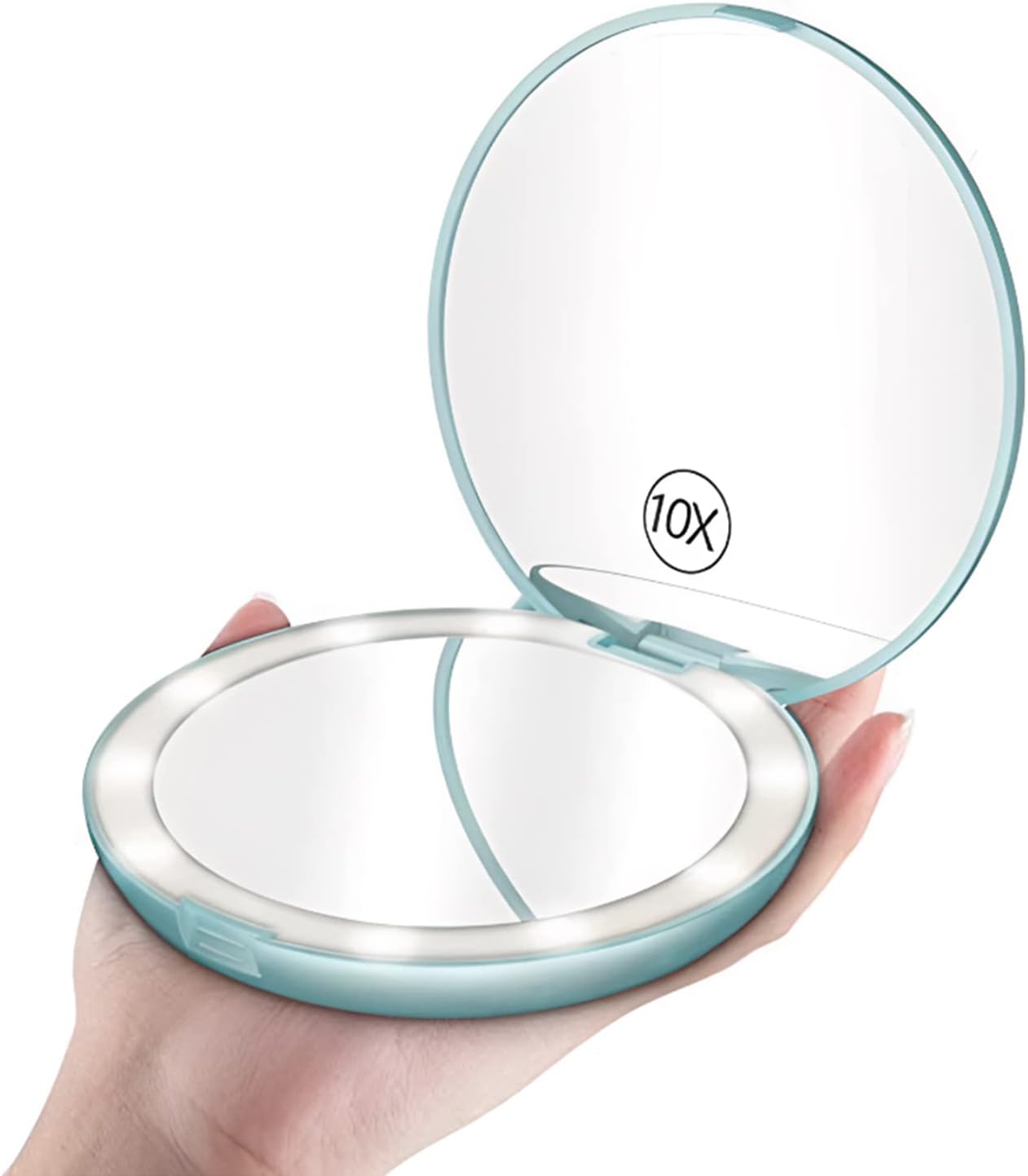 TourKing LED Travel Makeup Mirror, 3.5 inch Lighted Compact Mirror, 1X /10X Magnifying Handheld Illuminated Portable Mirror Double Sided with 10 LEDs Lights (White).