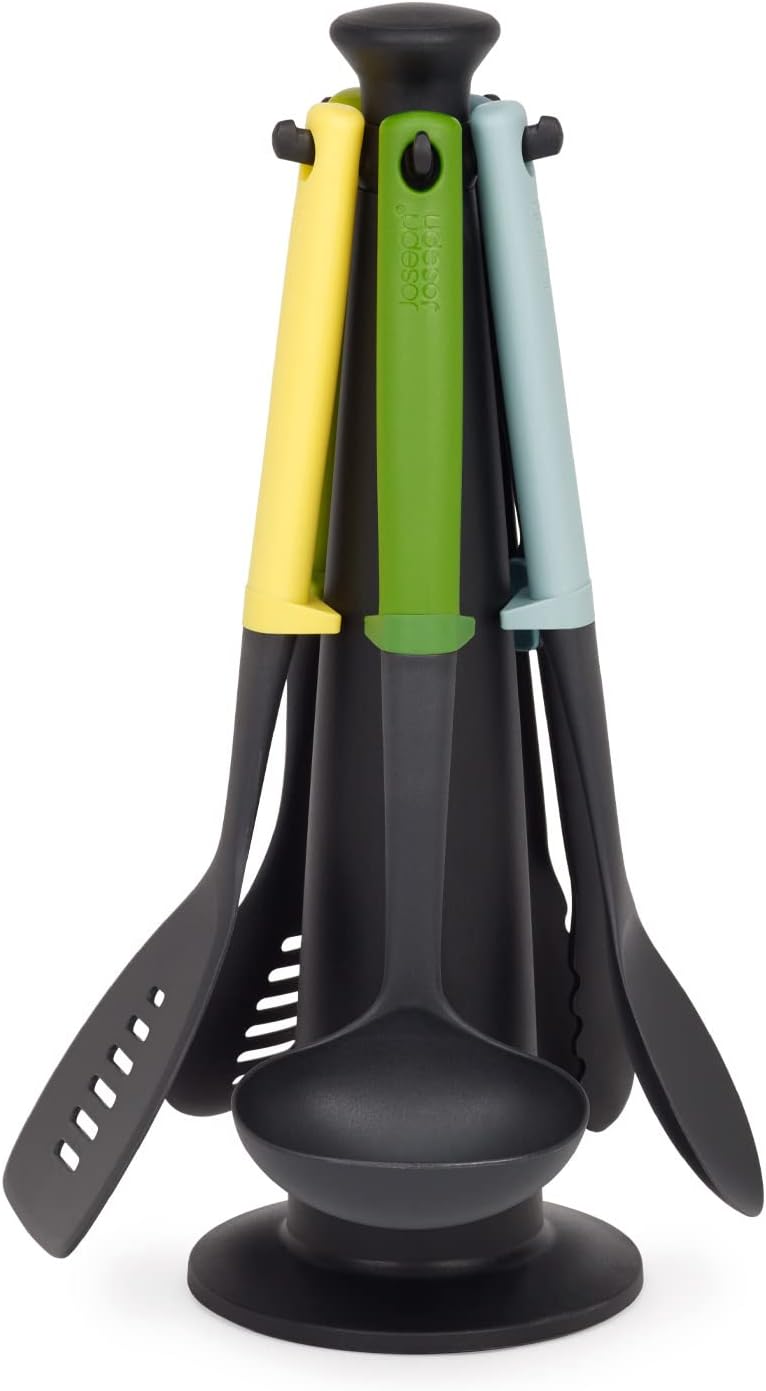 Joseph Joseph Duo 5-piece Kitchen Cooking Utensils Set with storage stand, silicone hanldes and heat-resistant, Opal.