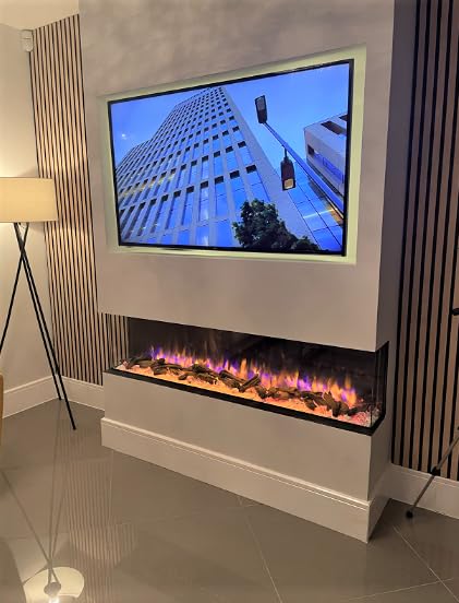 AuraHome 43"/ 1080mm 3D Glass Front Media Wall Inset Electric Fireplace 1800w with 10 Multi Flame Colours Log & Crystal Set Full Screen 7 Colours Top Lighting, LED Temp Display, Weekly Timer, Remote.