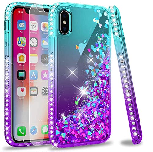 LeYi Case for iPhone XS/iPhone X with Glass Screen Protector [2 pack], Girl Women 3D Glitter Liquid Cute Personalised Clear Silicone Gel Shockproof Phone Cover Apple iPhone XS iPhone X Blue Purple.