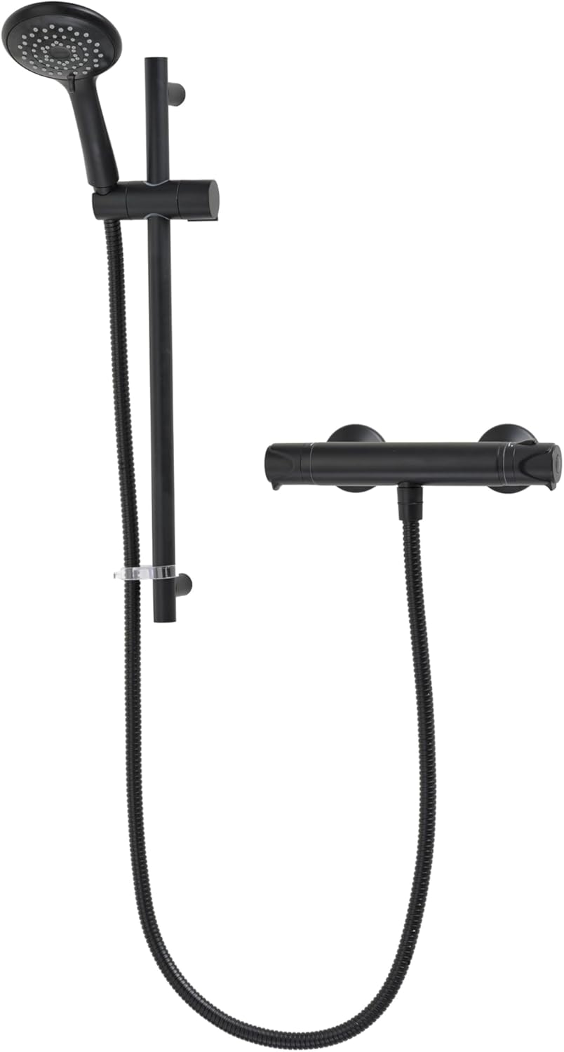 Tian Bar Mixer Black | Thermostatic Shower Mixer Set | Black | Handheld Shower | Anti Scald Shower | Mixer Bar Kit | 5 Year Guarantee | 5 Spray Patterns.