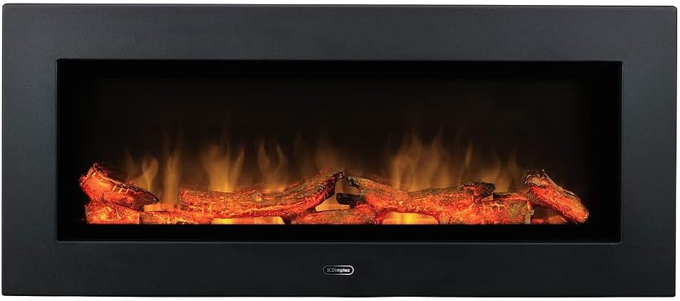 Dimplex SP16E Optiflame Electric Linear Wall Fire, Black/ Dark Grey Media Wall Fire with Log Effect fuel Bed, LED Flame Effect, Thermostat and 2kW Adjustable Fan Heater and Remote Control.