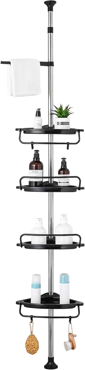 GRICOL Black Shower Caddy Corner Adjustable Bathroom Corner Shelf Shower Shelf with 4 Trays, 4 Hooks, 1 Towel Bar for Bathroom Storage Organizer Rustproof 95-305CM.