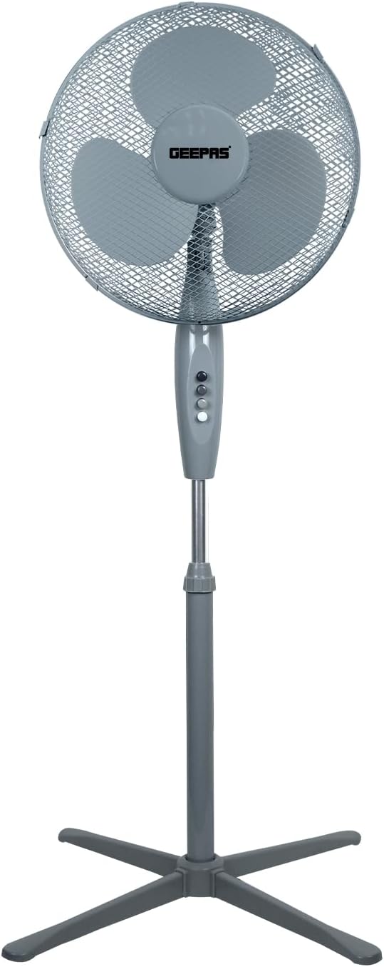 GEEPAS 16’’ Pedestal Fan – 45W Powerful Free-Standing Oscillating and Tilting Cooling Fan – Height Adjustable, Rotating & Static Feature - 3-Speed, 3-Blade Floor Fan for Home or Office Use, Grey.