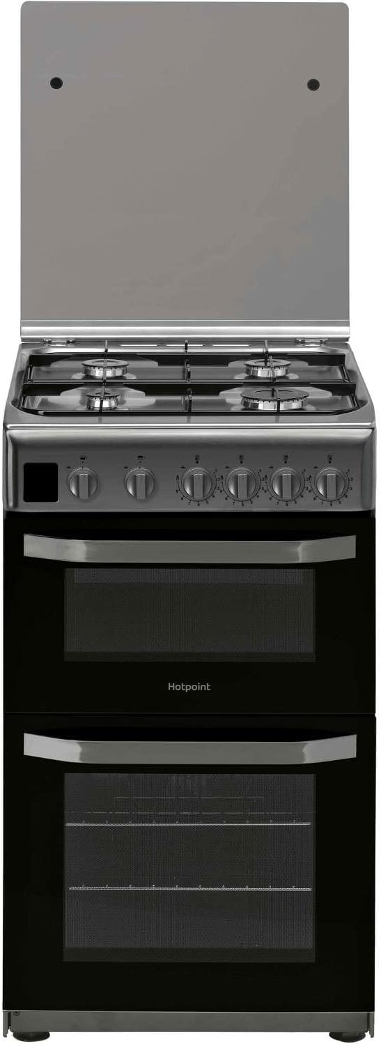 Hotpoint 50cm Double Cavity Gas Cooker with Lid - Stainless Steel.