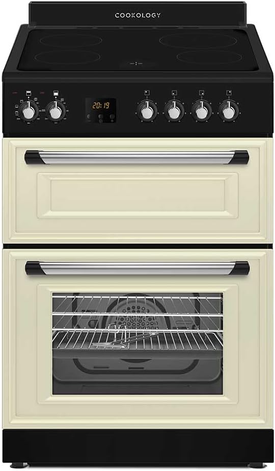 Cookology RETDO600CRM Freestanding 60cm Wide, Retro Double Cavity Grill Oven Cooker with Ceramic 4 Zone Hob and Analogue Dials - in Cream.