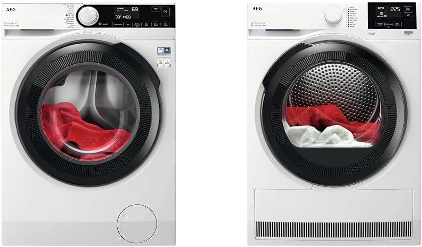 AEG 7000 Series Washing Machine LFR73944B, ProSteam Freestanding Washing Machine & 7000 SensiDry Freestanding Tumble Dryer TR718L4B, 8 kg, Heat Pump Technology, Gentle Drying, PreciseWash Adjust Time.