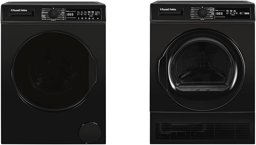 Russell Hobbs Freestanding Washing Machine, 9kg Capacity, 1400 rpm, 15 Programmes, Eco Technology & Freestanding Condenser Dryer Electric Tumble Dryer 15 Programmes 8kg Capacity 3 Heat S.