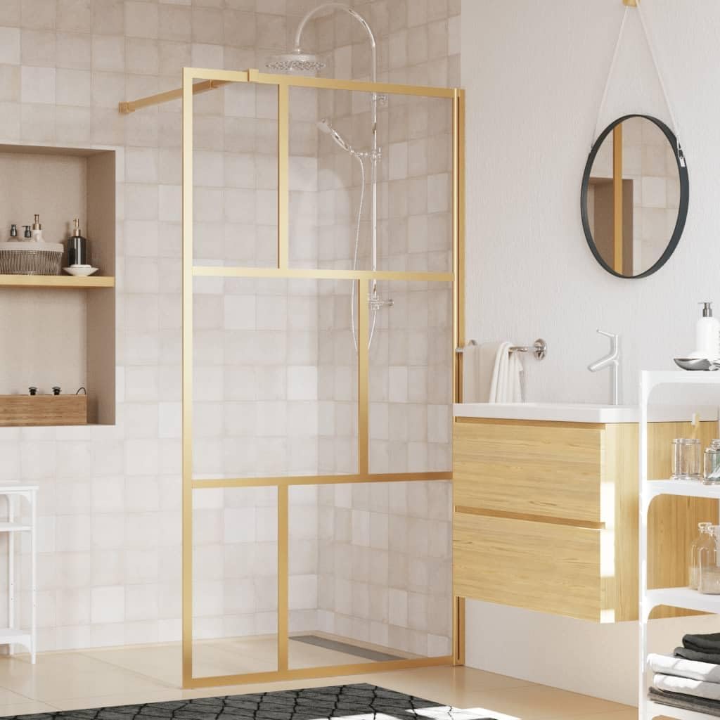 ARKEM Over Bath Shower Screen Door Framed Toughened Safety Clear Glass Panel Bathroom Bath Screens,Walk-in Shower Wall with Clear ESG Glass Gold 100x195 cm.