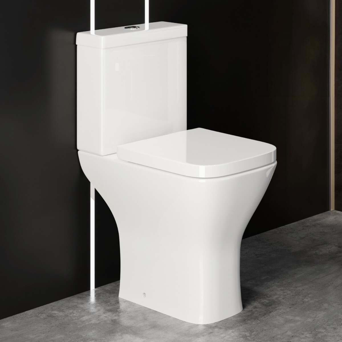 Square Comfort Height Close Coupled Toilet with Heavy Duty Soft Close Seat.